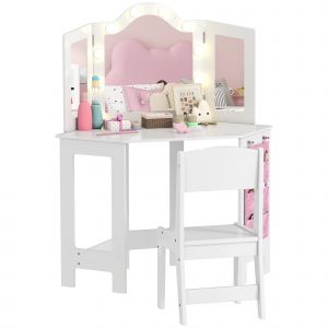 AIYAPLAY Coiffeuse enfant 2 en 1 avec tabouret miroir triptyque et lumi&egrave;res LED bicolores  93,6 x 48,5 x 111,5 cm blanc