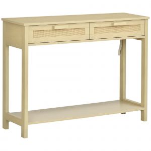 HOMCOM Table console table d'entr&eacute;e rustique avec 2 tiroirs et 1 &eacute;tag&egrave;re surface tiroir en rotin pour salon chambre entr&eacute;e 100 x 30 x 76 cm