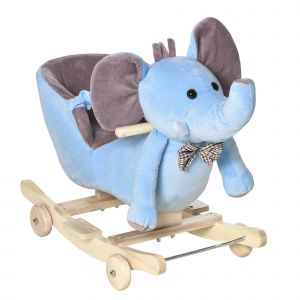 HOMCOM Cheval à Bascule Jouet à Bascule éléphant et Porteur sur roulettes 2 en 1 Fonction Musicale 32 Pistes Ceinture sécurité Bleu