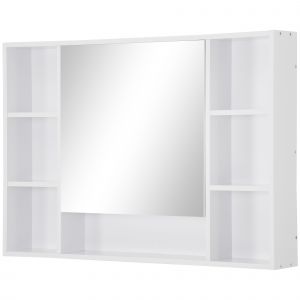 kleankin Armoire murale salle de bain avec miroir, meuble salle de bain, 7 &eacute;tag&egrave;res ouvertes et placard,100 x 15 x 70 cm, blanc