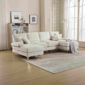 Grand Canapé d'Angle en Chenille Moderne en Forme de U Déhoussable, Pieds en Métal, Beige