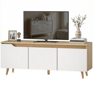 HOMCOM Meuble TV 120 cm, meuble t&eacute;l&eacute; pour t&eacute;l&eacute;viseur jusqu'&agrave; 55 pouces avec 3 portes, &eacute;tag&egrave;re r&eacute;glable, ch&ecirc;ne et blanc