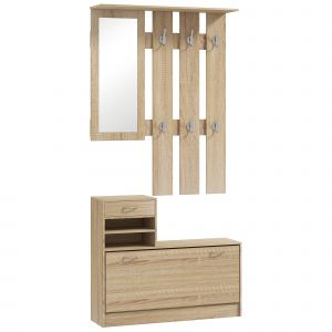 HOMCOM Portemanteau 3 en 1 avec Porte-Chaussures et Miroir, Crochets et Tiroirs, en Bois, 90x24x177 cm, couleur Chêne