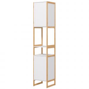 HOMCOM Meuble colonne de salle de bain avec 2 niches et 2 placards étagère réglable, bambou et MDF 33L x 33l x 170H cm blanc