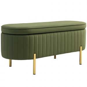 HOMCOM Banc de Rangement Ovale de 72L avec Couvercle Relevable, en Tissu Effet Velours et Bois, 108x44x43.5 cm, Vert