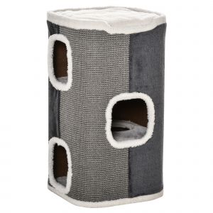 PawHut Arbre à chat à 3 niveaux pour les chats Meubles pour chats en panneaux de particules, polyester velouté, sisal Gris+Blanc 40x40x74cm