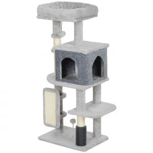 PawHut Arbre à chat, tour de jeux, hauteur de 104 cm, avec lit maison, brosse de toilettage,  44l x 34P x 104H cm, gris clair