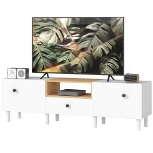 HOMCOM Meuble TV max 177,8 cm avec 2 Portes &agrave; Abattant, Tiroir et &Eacute;tag&egrave;re Ouverte, en Bois, 150x35x45 cm, Blanc et Couleur Bois