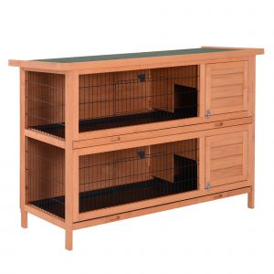 PawHut Clapier sur pieds cage lapin double niveau plateaux excréments coulissants 4 portes verrouillables 137L x 50l x 93H cm bois massif pin toit