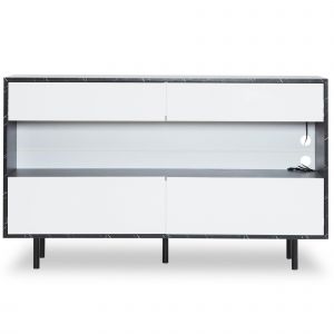 Buffet au design marbre noir avec espace de rangement ouvert, 4 tiroirs et éclairage LED, 150x35x89,5 cm, Blanc＋Noir