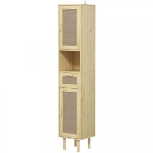 HOMCOM Meuble salle de bain colonne rangement salle de bain avec portes en rotin tiroir 2 placards 32 x 30 x 170 cm chêne