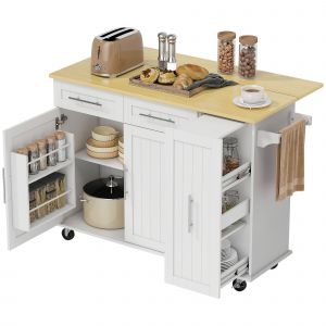 HOMCOM &Icirc;lot de cuisine mobile, surface extensible, portes d'armoire, tiroirs, porte-serviettes, chariot de cuisine en MDF, Blanc