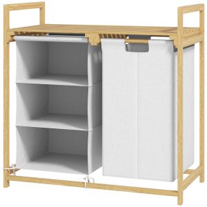 HOMCOM Panier à Linge avec Sac à Linge, Tiroir en Tissu, Bambou, 70x36x70 cm, Blanc/Bois