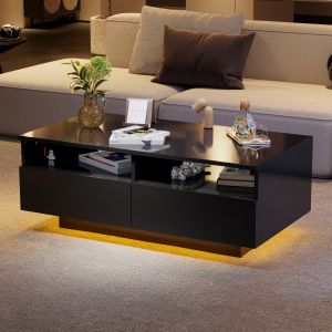 Table basse design LED en laque brillante avec 2 tiroirs, table de salon moderne avec lumières LED 16 couleurs, USB, 95×50×35 cm, Noir   Aosom France