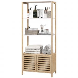 HOMCOM Colonne de salle de bain armoire de rangement en bambou 3 étagères 1 placard 63 x 30 x 138 cm bois naturel et blanc