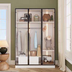 Armoire chambre Armoire penderie Spacieuse avec 3 Portes en Verre, 1 Tiroir et 1 Tringle à Vêtements, Éclairage LED Intégré, 110x50x160 cm, Blanc
