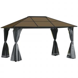 Outsunny Tonnelle pavillon de jardin avec toit rigide polycarbonate imperméable 4 parois latérales anti-UV moustiquaires 4 x 3 m gris foncé et noir