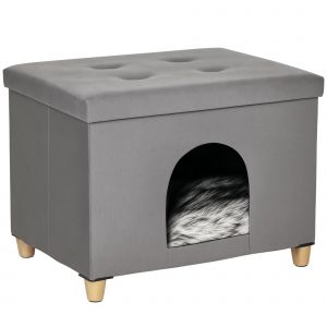 PawHut Niche pour chat maison de chat design surélevé avec coussin amoviable et lavable en peluche doux repose-pieds, dessus ouvrable, gris