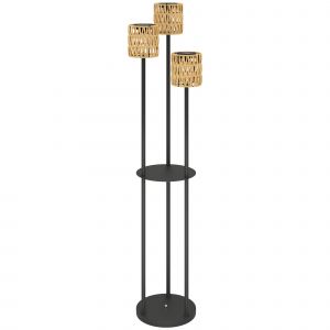 Outsunny Lampadaire solaire ext&eacute;rieur en r&eacute;sine tress&eacute;e, lampadaire &agrave; 3 lumi&egrave;res avec capteur et &eacute;tag&egrave;re, &Oslash;37 x 144 cm, jaune