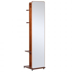 HOMCOM Miroir sur pied avec porte vêtement crochets roulettes pour salon chambre dressing-room MDF verre bois de pin 40 x 44,5 x 170 cm noyer