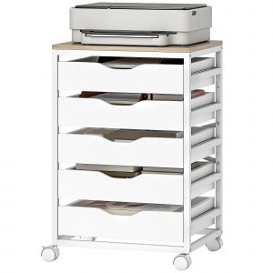HOMCOM Caisson bureau mobile, meuble rangement sur roulettes bois avec 5 tiroirs, poignées encochées, 50 x 40 x 74,5 cm , blanc