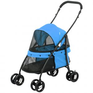 PawHut Poussette pour Chiens, Toit Ajustable, Fenêtre en Maille, Fermeture Éclair, Acier, 82x47x97 cm, Bleu/Noir