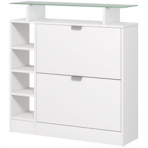 HOMCOM Meuble à chaussures avec 2 tiroirs rabattables 12 paires, plateau en verre et étagères réglables, 89 x 25 x 92 cm, blanc