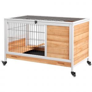 PawHut Cage lapin intérieur, clapier cochon d'inde avec toit ouvrant et roulettes, plateau amovible, 90x53x59cm, jaune et blanc