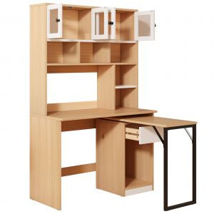 Bureau pour ordinateur Bureau d'angle avec rangement, &eacute;tag&egrave;re et armoire, bureau pivotant, 110&times;55&times;180 cm, Couleur naturelle＋Blanc   Aosom France