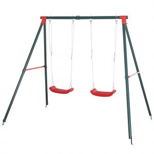 Outsunny Balançoire Double pour Enfants +3 Ans avec Support en Métal Jeu de Balançoire Infantile Corde Ajustable Extérieur Charge Max. 40kg 239x156x180 cm Vert Rouge