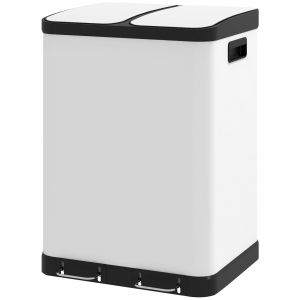 HOMCOM Poubelle de cuisine 2 x 30L avec pédale en acier inoxydable, 2 compartiments, couvercle à fermeture douce, 60L, blanc