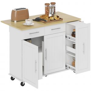 HOMCOM &Icirc;lot de Cuisine sur Roulettes Plan Rabattable 2 Portes &agrave; Fermeture Douce Plateau Extractible 2 Tiroirs Blanc