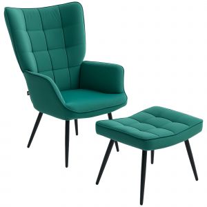 HOMCOM Fauteuil relax avec repose-pieds assorti style scandinave pi&egrave;tement m&eacute;tal noir rev&ecirc;tement aspect velours - Vert