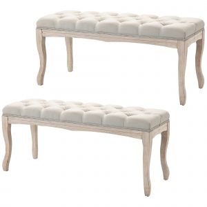HOMCOM Lot de 2 banc Banquette capitonn&eacute;e Style Classique 110 cm Bout de lit Rembourr&eacute;e en lin pi&egrave;tement Bois h&eacute;v&eacute;a sculpt&eacute;