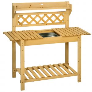 Outsunny Table de rempotage avec tablettes coulissantes évier 2 étagères bois de sapin 92 x 45 x 120 cm   Aosom France