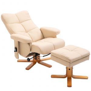 HOMCOM Fauteuil relax massant avec pouf, fauteuil de relaxation pivotant &agrave; 360&deg;, dossier inclinable, 80 x 86 x 99 cm, cr&egrave;me
