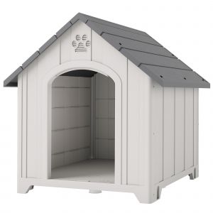 PawHut Niche pour chien ext&eacute;rieure Niche pour grands chiens en plastique avec 2 fen&ecirc;tres Base sur&eacute;lev&eacute;e Piquets Gris