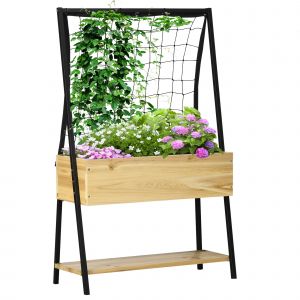 Outsunny Jardinière sur pieds jardiniere bois avec étagère inférieure et treillis filet pour plantes dim. 80L x 30l x 125H cm   Aosom France