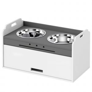 PawHut Gamelle sur&eacute;lev&eacute;e avec armoire de rangement, 2 bols avec anneaux antid&eacute;rapants, 60 x 30 x 35,5 cm, Blanc
