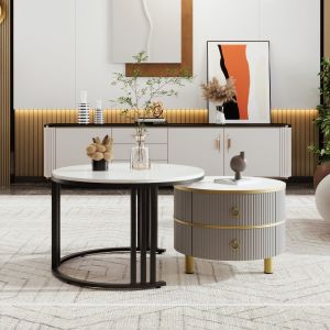 Ensemble de Tables Basses Gigognes avec Plateau en Marbre Blanc et Finition Brillante, 2 Tiroirs, pour Salon, Gris