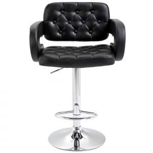 HOMCOM Tabouret de Bar Haut avec Dossier et Accoudoirs, Pivotant avec Hauteur Réglable et Repose-Pieds, Simili Cuir Noir