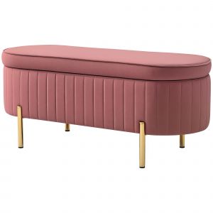 HOMCOM Banc Bout de Lit avec Rangement Tapissé en Velours Pieds Dorés et Design Élégant Ovale 108x44x43,5 cm Rose