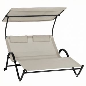 Outsunny Chaise longue bain de soleil transat avec auvent oreiller et roulettes en acier et polyester cr&egrave;me