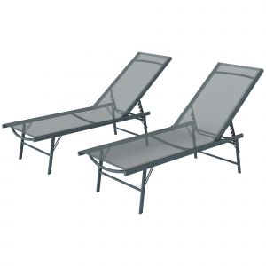 Outsunny Lot de 2 bain de soleil chaise longue pliante textil&egrave;ne transat jardin ext&eacute;rieur inclinable 54 x 164 x 84 cm gris clair