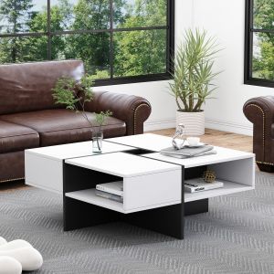 Table basse carrée design moderne, Table de salon avec  5 compartiments ouverts, compartiment de rangement central 10x10 cm, 70x70x35 cm, Noir Blanc