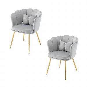 2 Fauteuils de Bureau, Fauteuil relax, Chaise bureau en Velours avec Dossier en Pétale, Pieds Métalliques Dorés et Coussins Papillon, 63x58x77cm, Gris