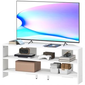 HOMCOM Mobile TV d'Angle pour 47" max avec 2 &Eacute;tag&egrave;res Ouvertes, en Bois, 110x36x45 cm, Blanc