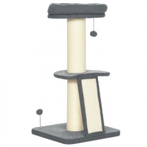 PawHut Arbre &agrave; chat avec griffoir tronc en sisal boules suspendues et plate-forme d'observation hauteur 92 cm - gris