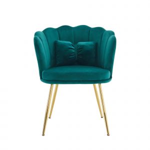 Chaise de cuisine velours moderne, Chaise pour cuisine avec Dossier en Pétale et Pieds Métalliques Dorés, Coussin Papillon, 63x58x77 cm, Vert