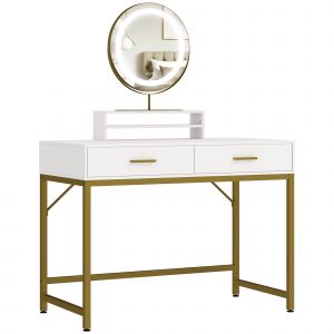HOMCOM Coiffeuse avec Miroir pivotant à 360°, Éclairage LED, 2 tiroirs, Blanc/Or